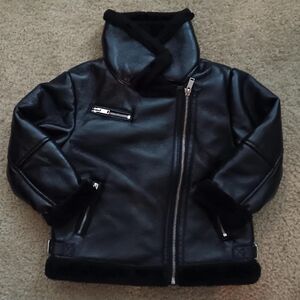 Kids Faux Leather Moto Biker Jacket COat Sherpa lined Size 6 BLACK
